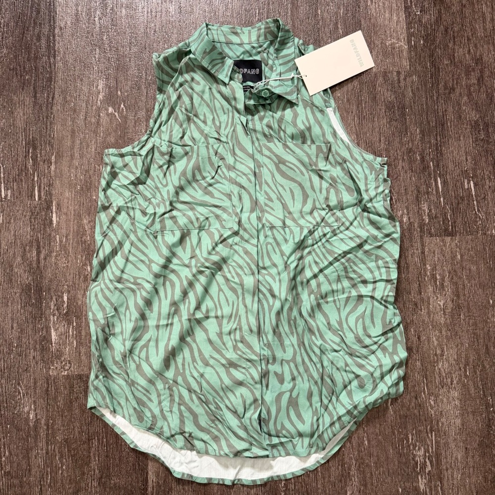 Wildfang The Empower Sleeveless Button Up Shirt Mint Green Zebra Print XS